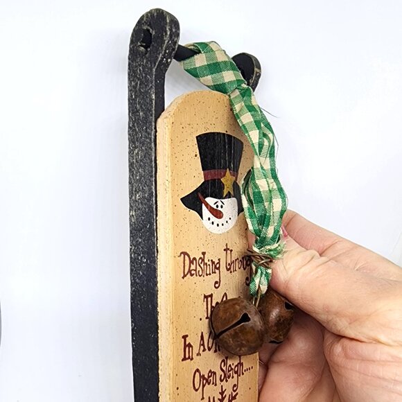 Snowman Wood Sled w Bells Country Cottage Farmhouse Christmas Holiday Ornament - Picture 5 of 8